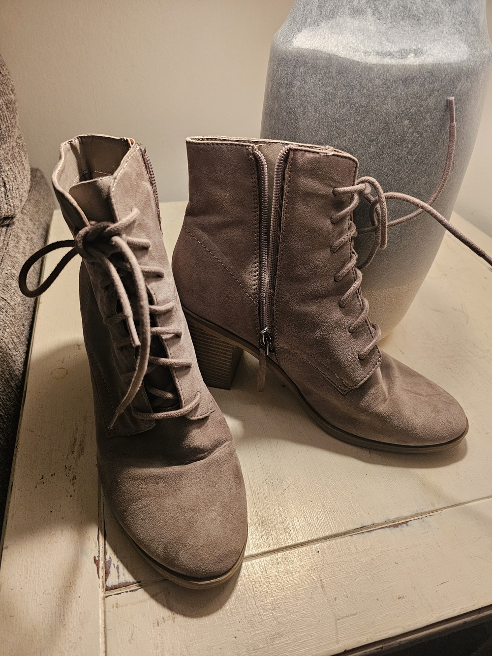 Time and Tru Taupe Lace-Up Block Heel Ankle Boots